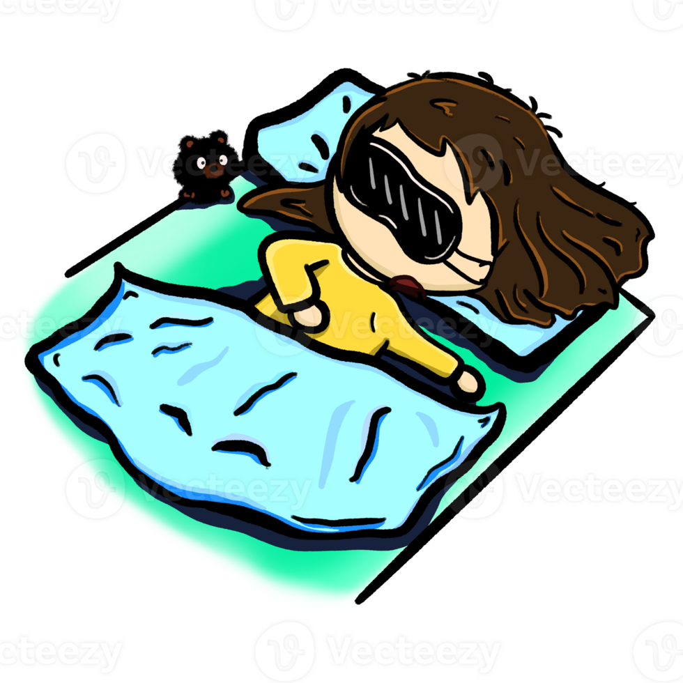 Cartoon girl with eye mask sleeping in bed color illustration, cute girl sleeping drawing png