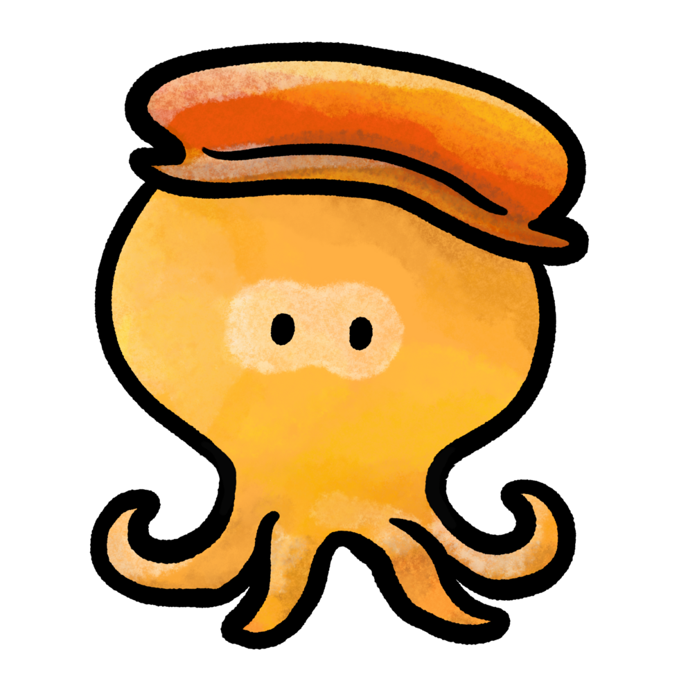 Cute cartoon orange octopus with hat illustration, cartoon octopus doodle color drawing png