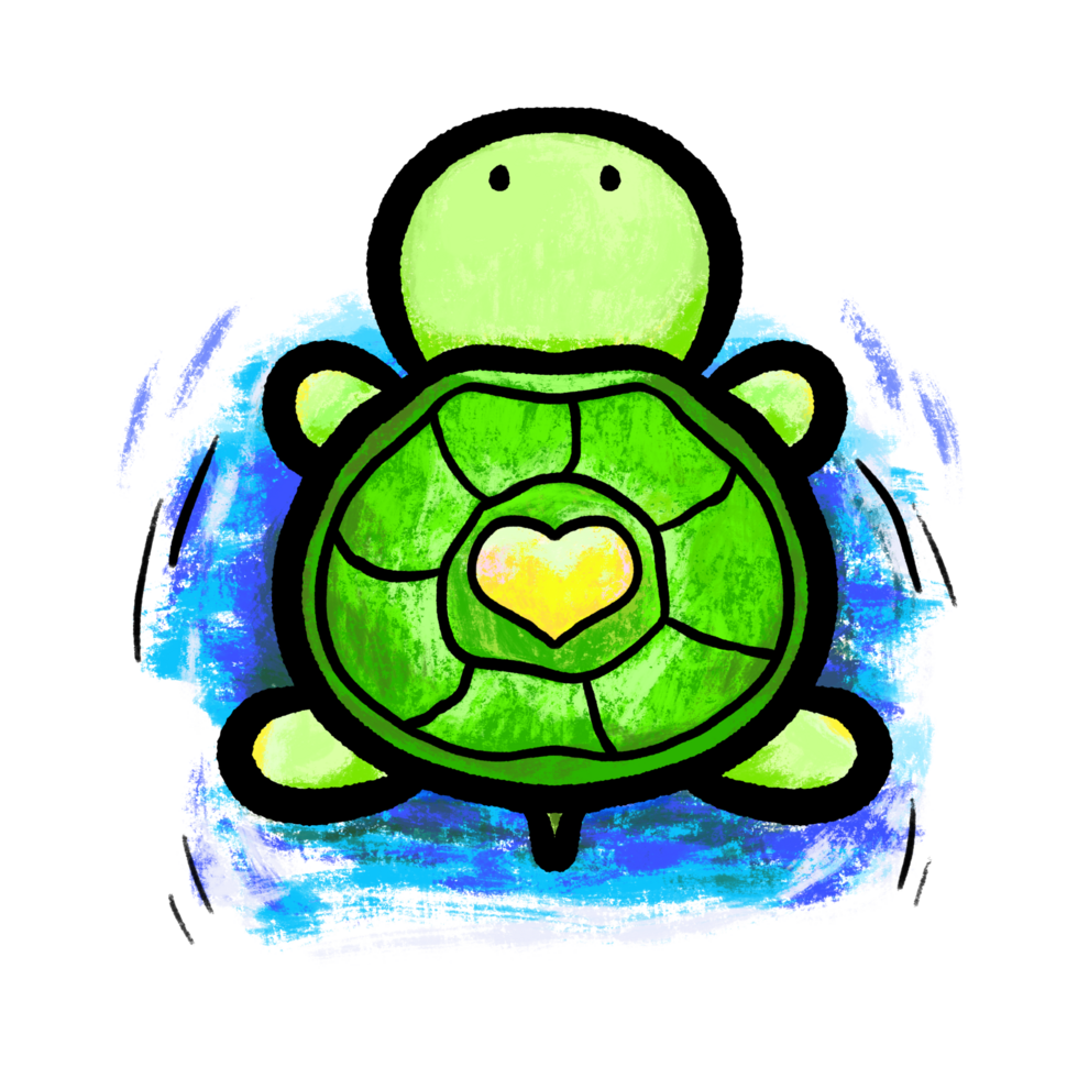 Cartoon turtle swimming illustration, cute turtle in water doodle textured color drawing png
