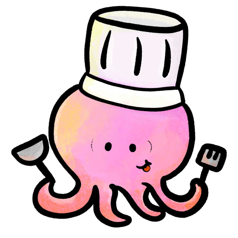 Cartoon octopus chef illustration, pink octopus cooker doodle color drawing png