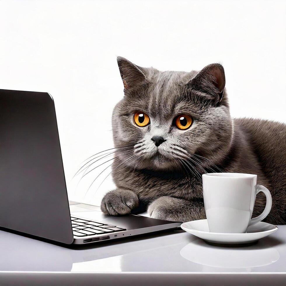 Curious Cat with Bright Orange Eyes Using a Laptop photo