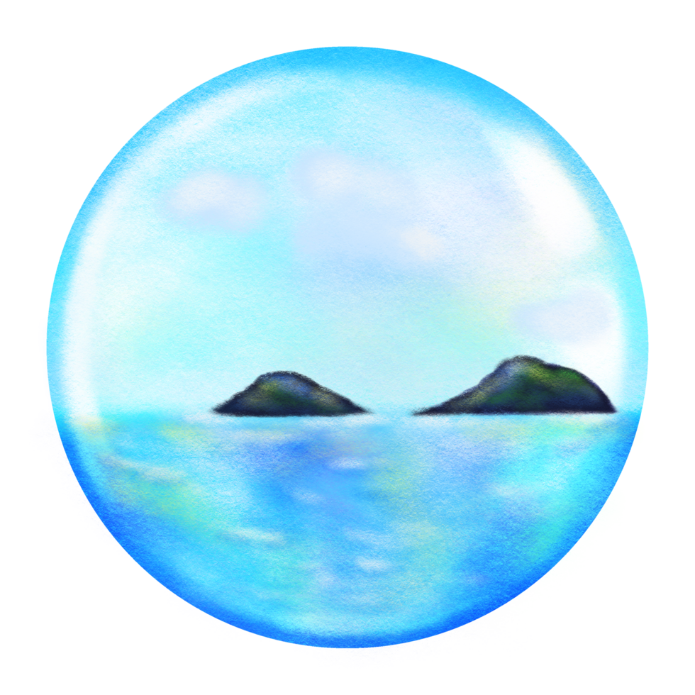 Ocean nature round background illustration, sea and mountain circle frame crayon drawing png