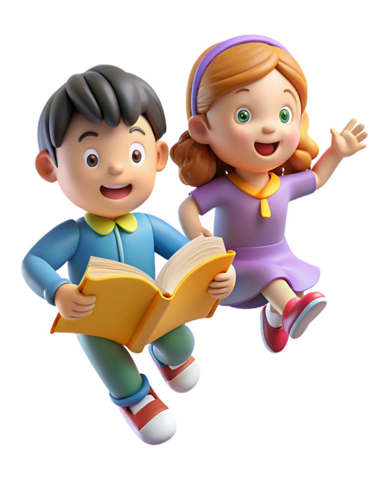 Boy and girl adventure on a floating open book png