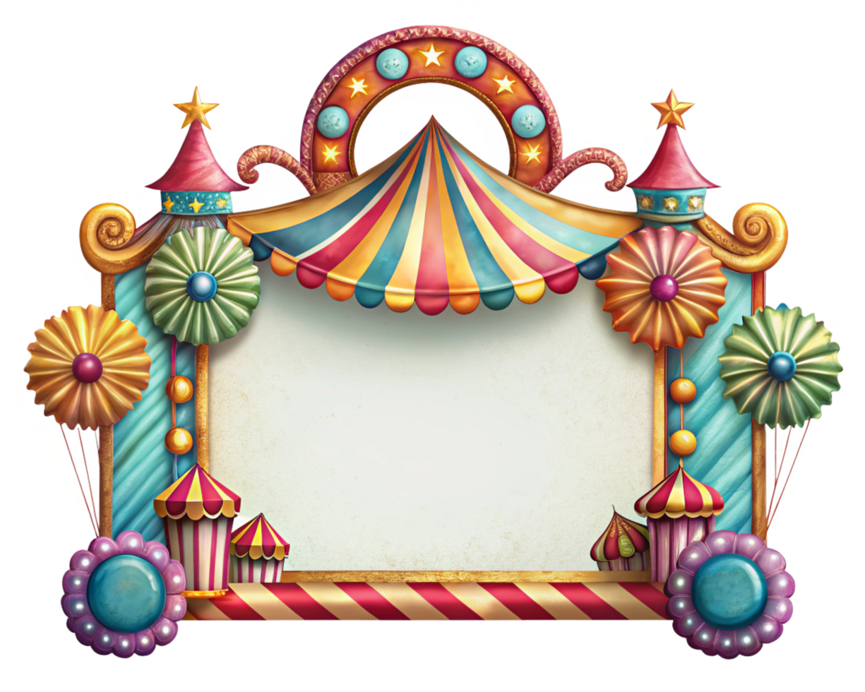 Blank frame surrounded by fun and colorful carnival decor png