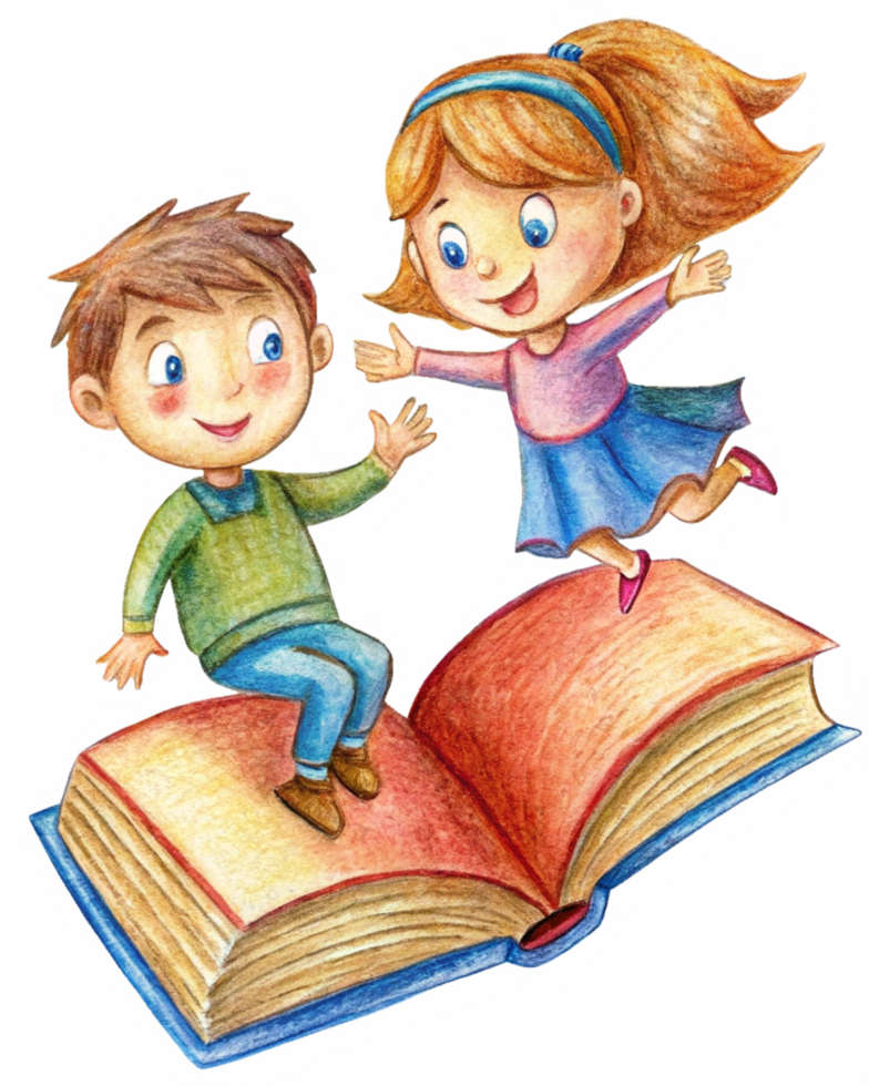 Boy and girl discovering worlds on a flying book png