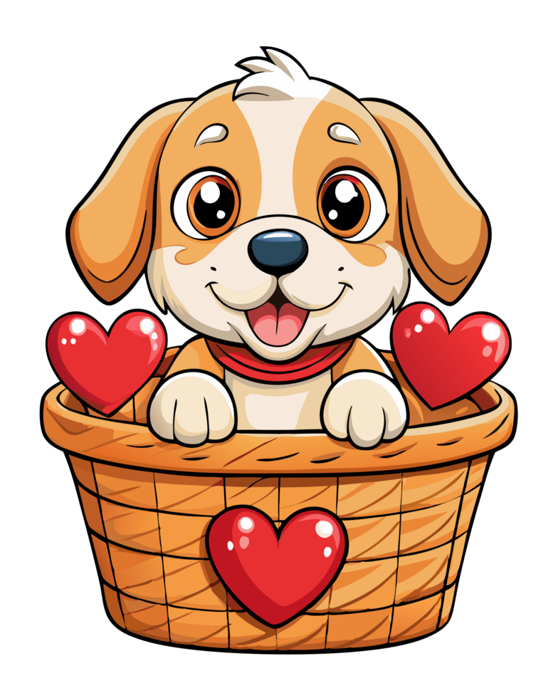 Puppy posing in a beautiful basket with heart details png