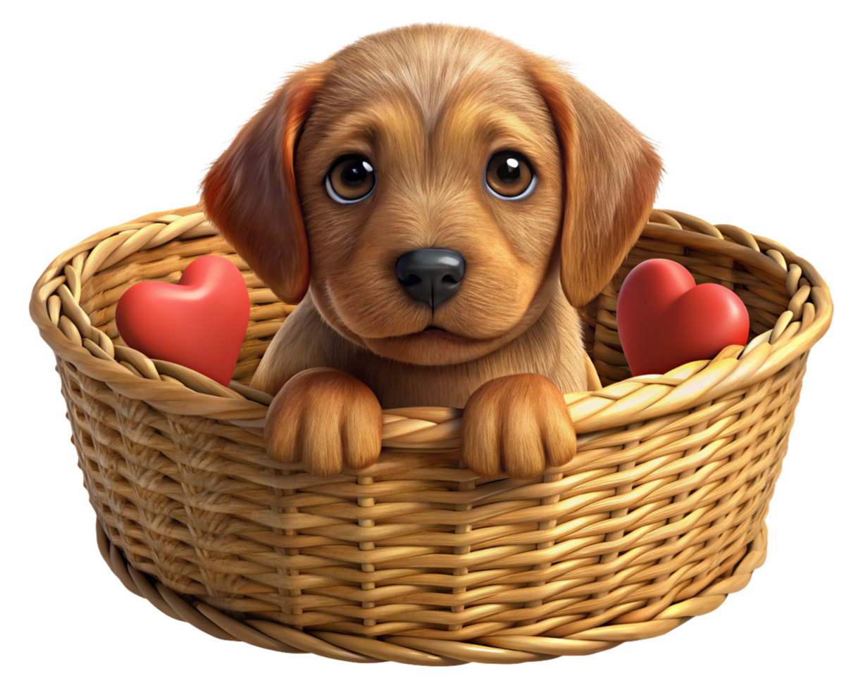 Fluffy puppy enjoying a basket filled with hearts png