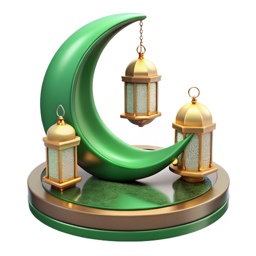 Crescent moon and hanging lantern on green decorative base png