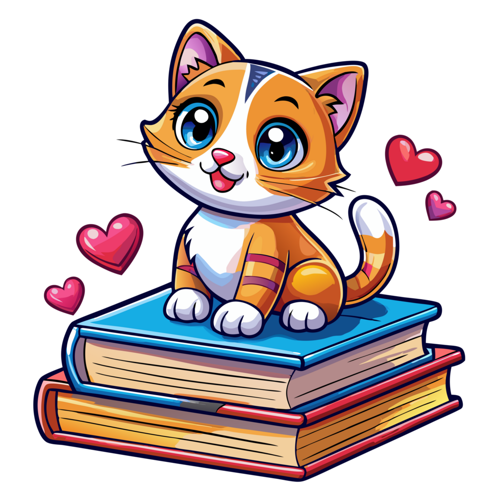 Lovely cat on books with romantic heart decorations png