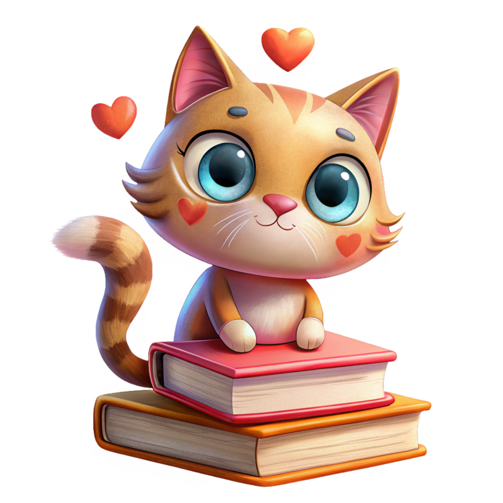 Cat sitting atop books with hearts creating a loving feel png