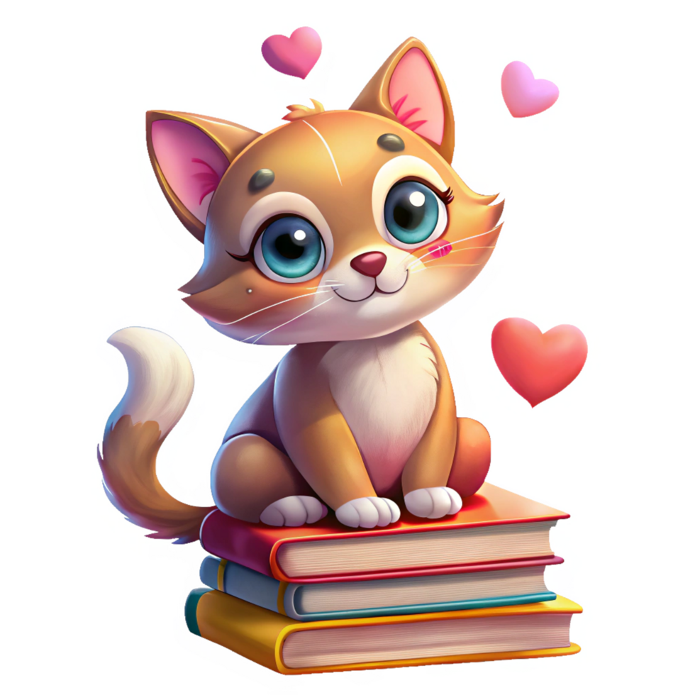 Cat enjoying books with a backdrop of lovely hearts png