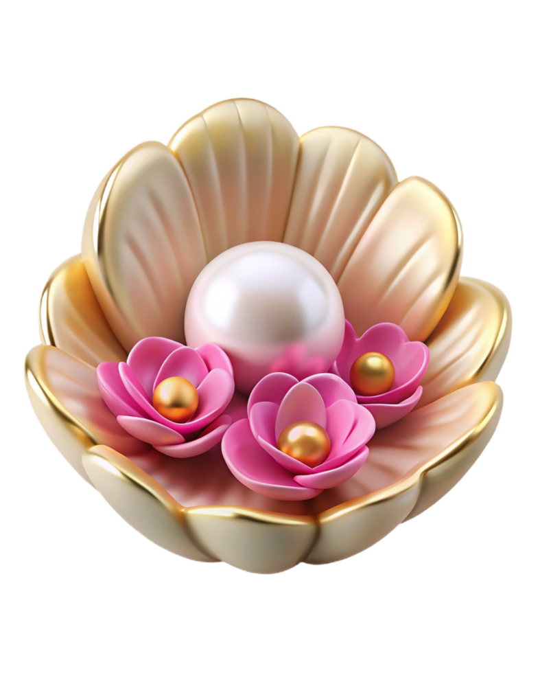 Beautiful white pearl in a golden seashell with decorative pink flowers png