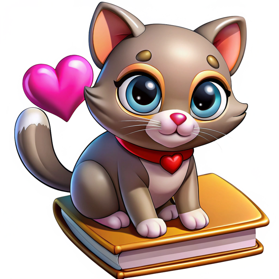 Cat resting on books with hearts fluttering nearby png