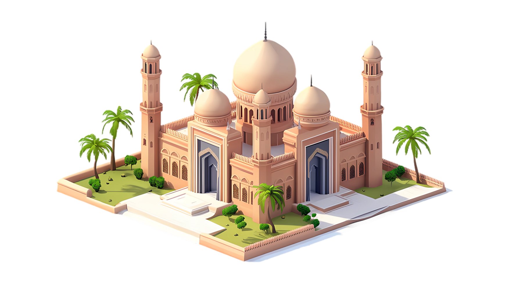 islamic mosque with palm trees and a mosque on a transparent background png