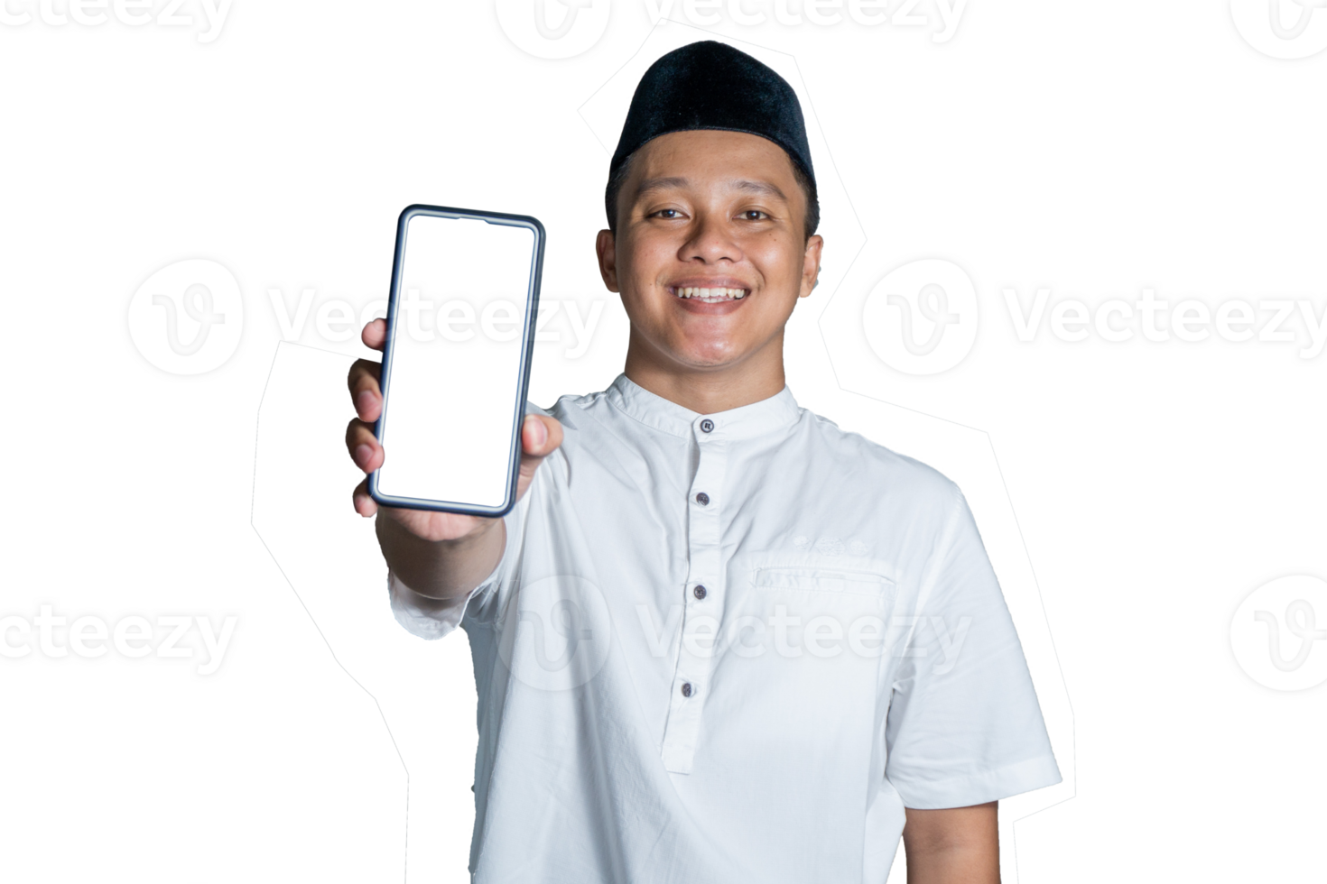 Portrait of Moslem Asian man smiling and showing smartphone blank screen. Moslem wearing white shirt and black cap png