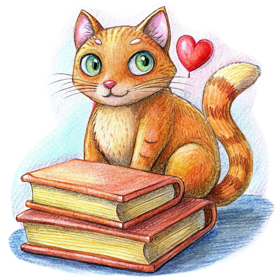 Purring cat sitting on books with heart decorations png