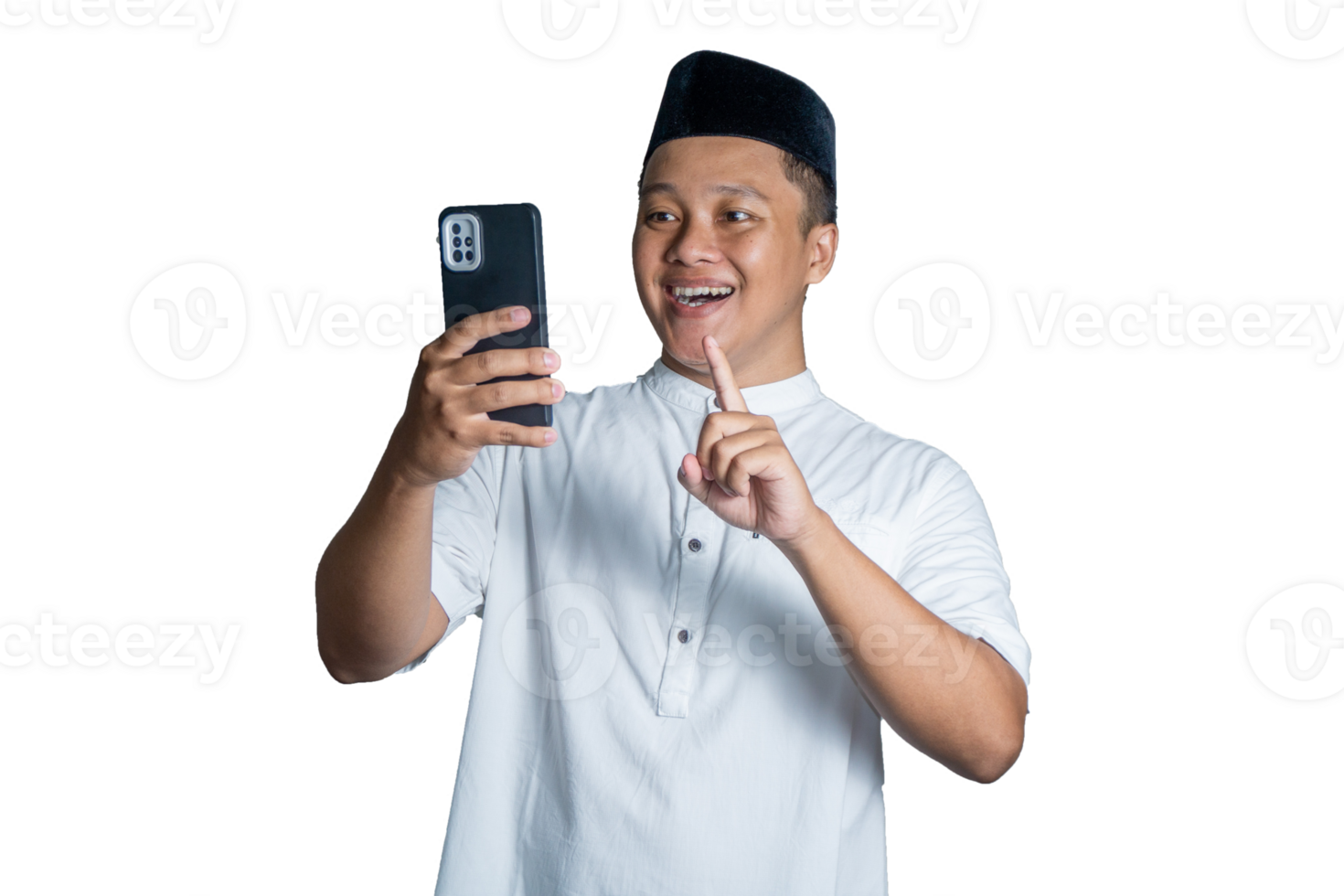 portrait of moslem Asian man shows shocked and surprised expression while holding phone. png