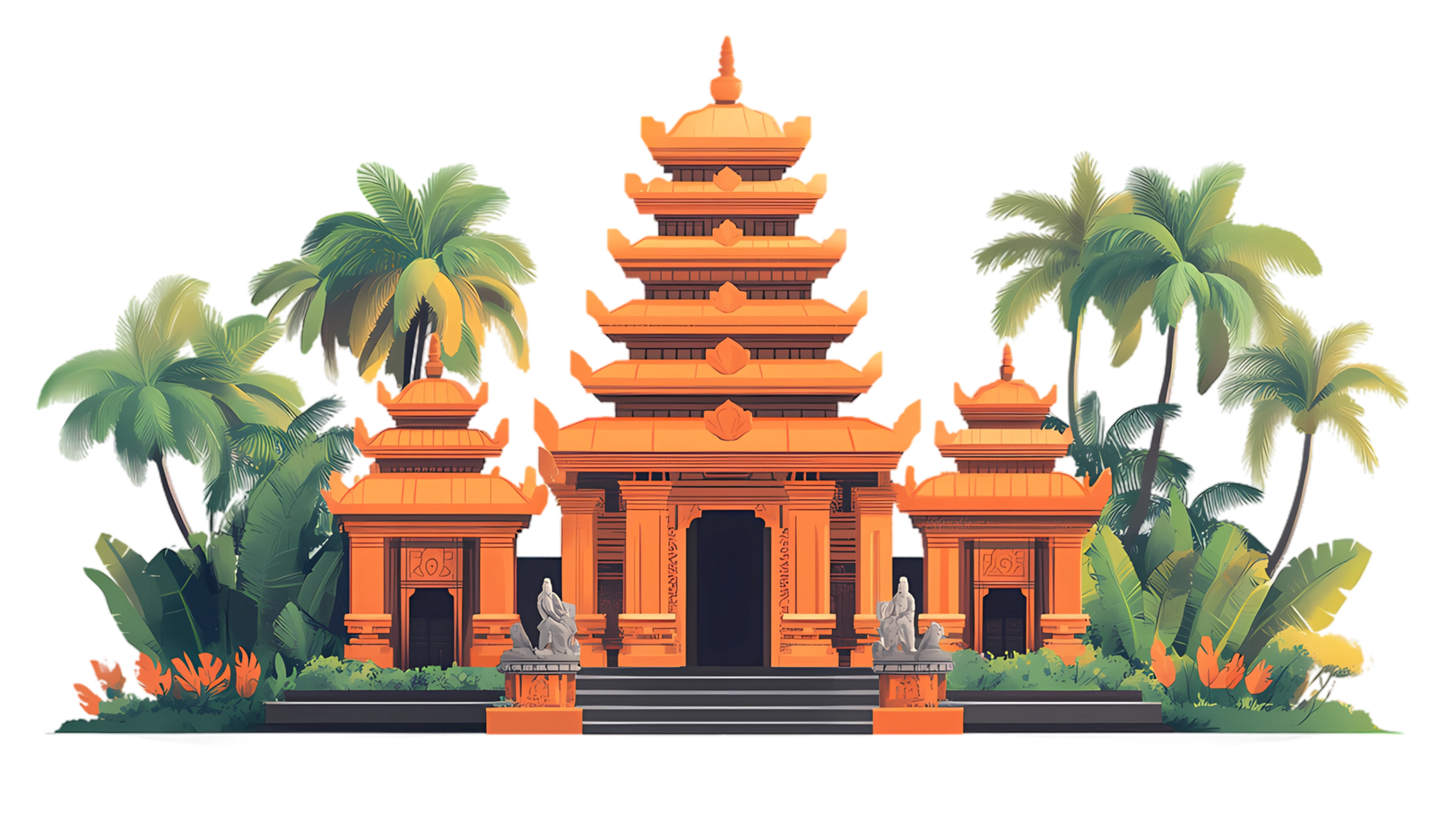 A hindu temple with palm trees and a path png