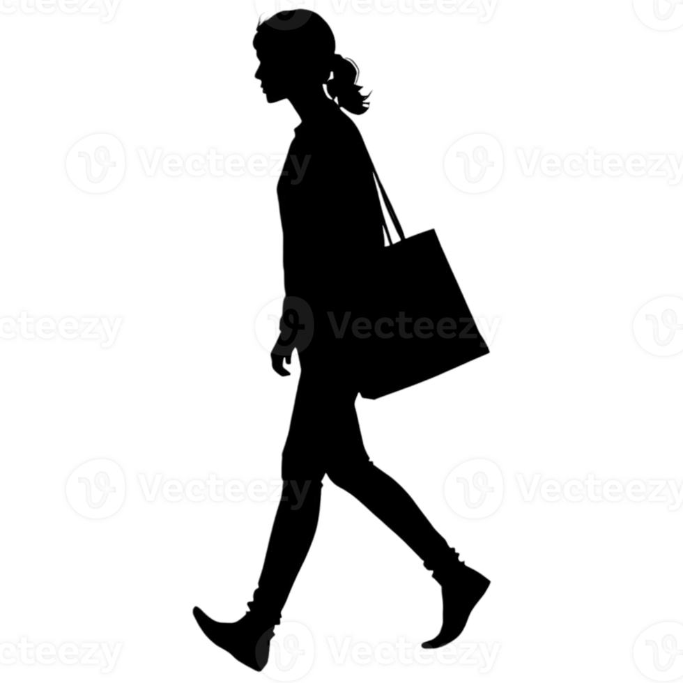 Silhouette of a girl walking with a bag isolate png