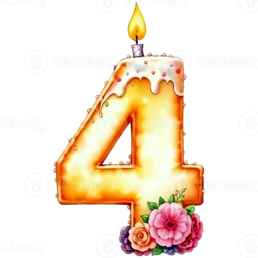 Birthday cake with number 4 painted watercolor png