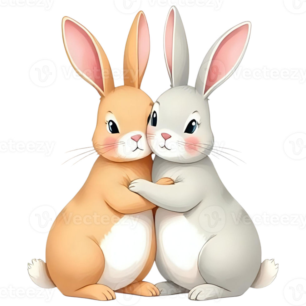 Two cartoon rabbits stand hugging png