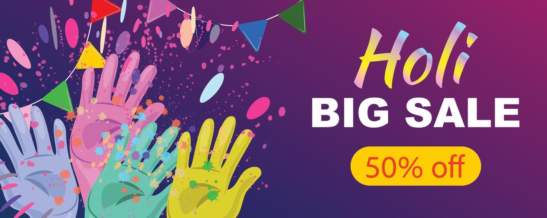 Holi banner showcasing playful hands tossing powders, decorative garlands, and bright colors, perfect for promotions vector