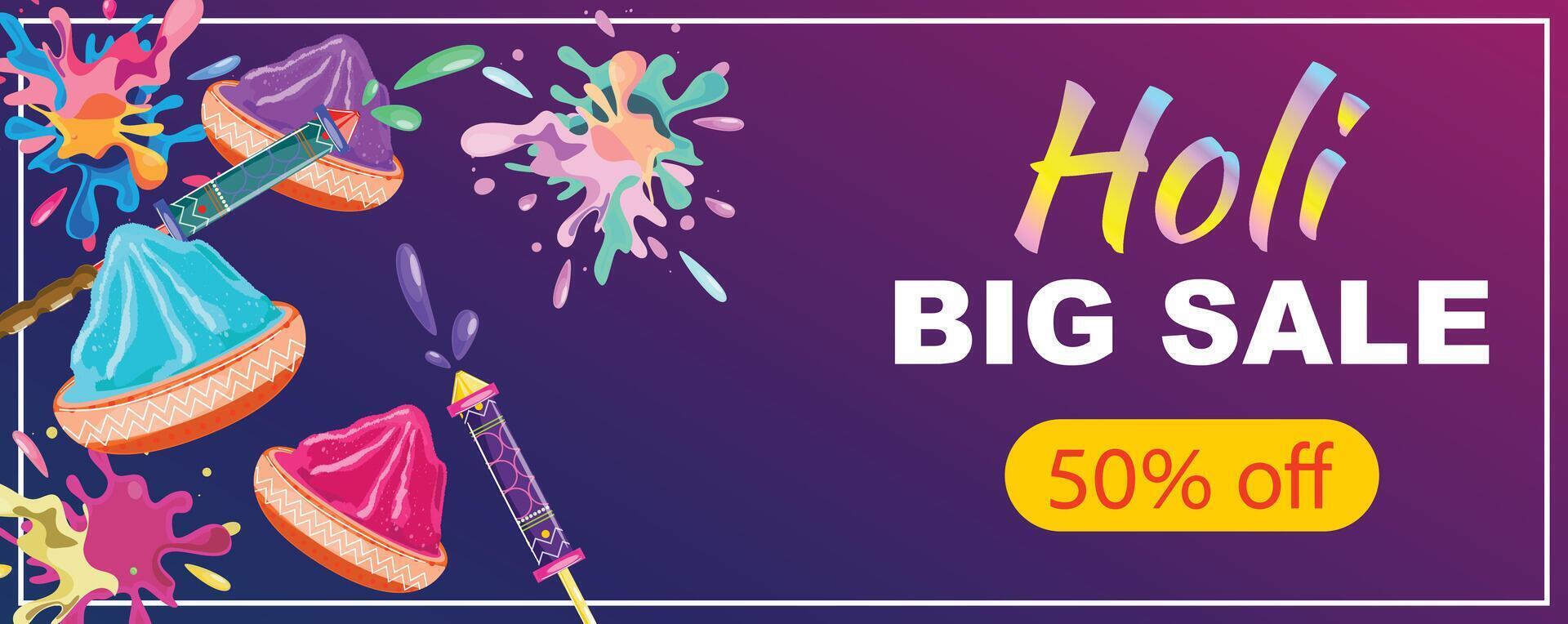 Festive Holi banner featuring colorful Pichkari splashes, vibrant powders, and Holi Sale text, perfect for promotions vector