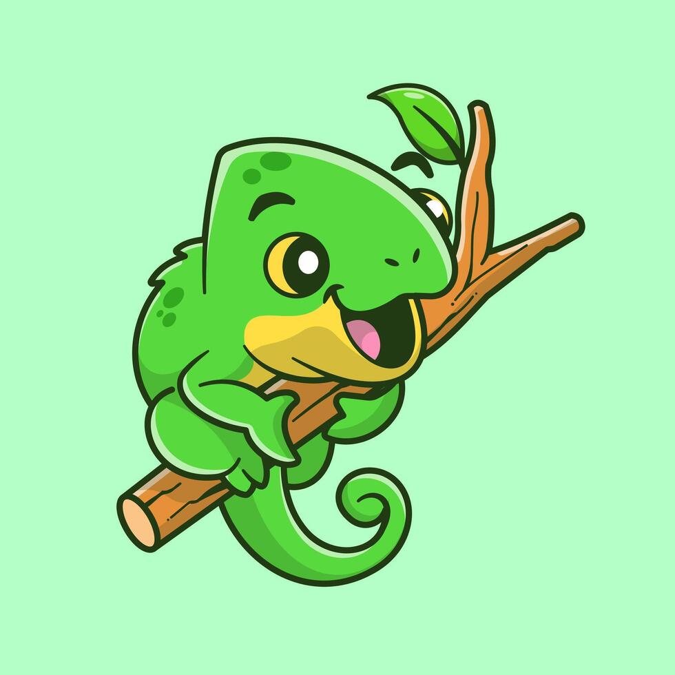 Cute Chameleon Hanging On Tree Cartoon vector