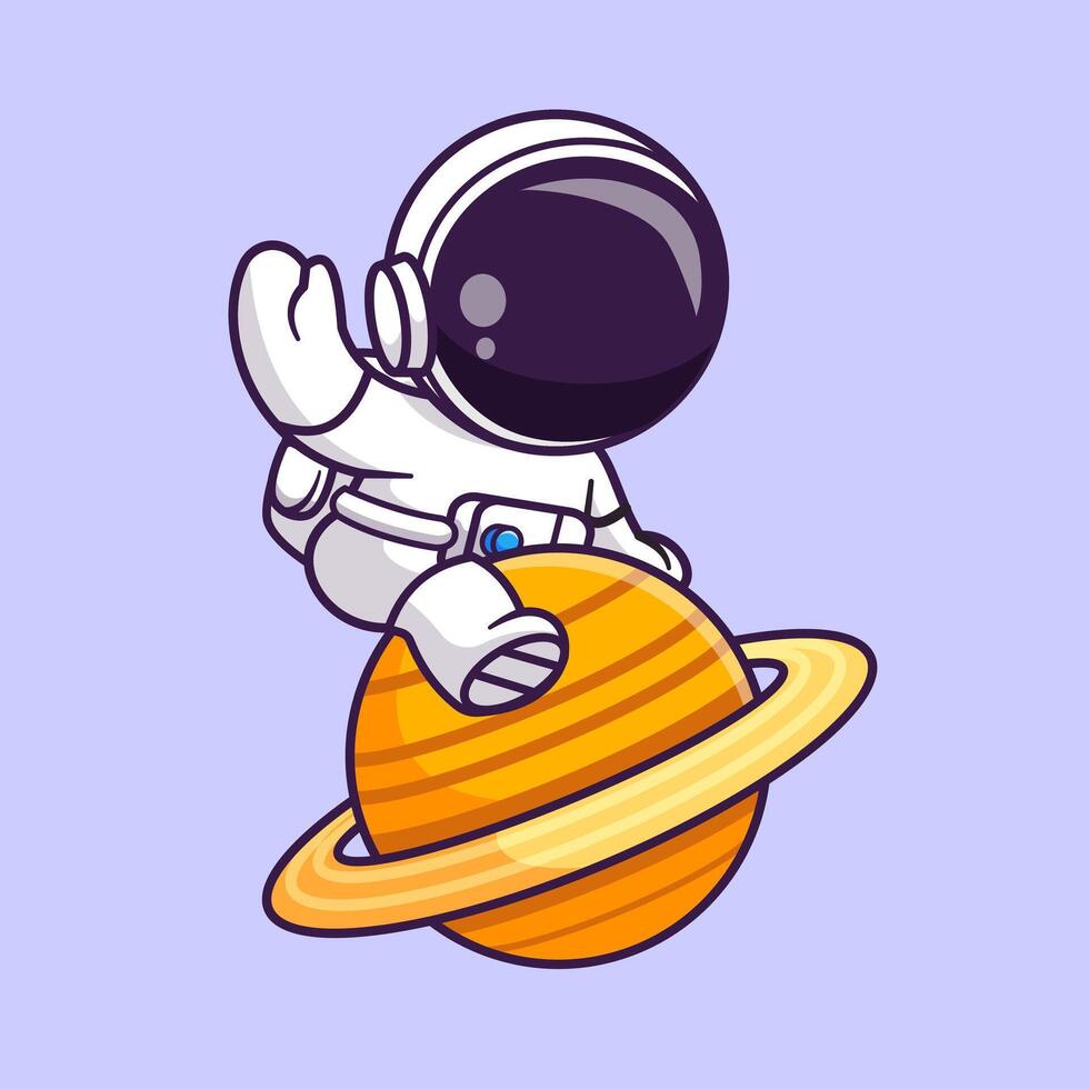 Cute Astronaut Sitting On Planet And Waving Hand Cartoon vector