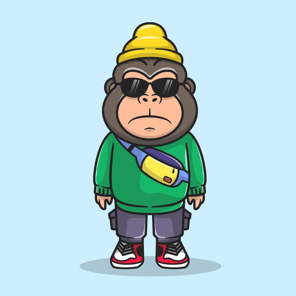 Cute Cool Gorilla Wearing Waist Bag And Glasses Cartoon vector