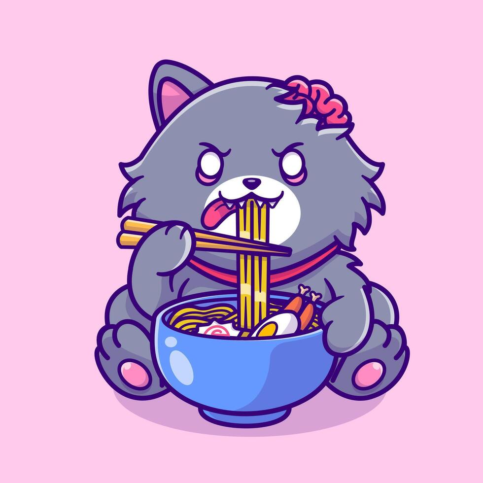 Cute Cat Zombie Eating Ramen Noodle Cartoon vector