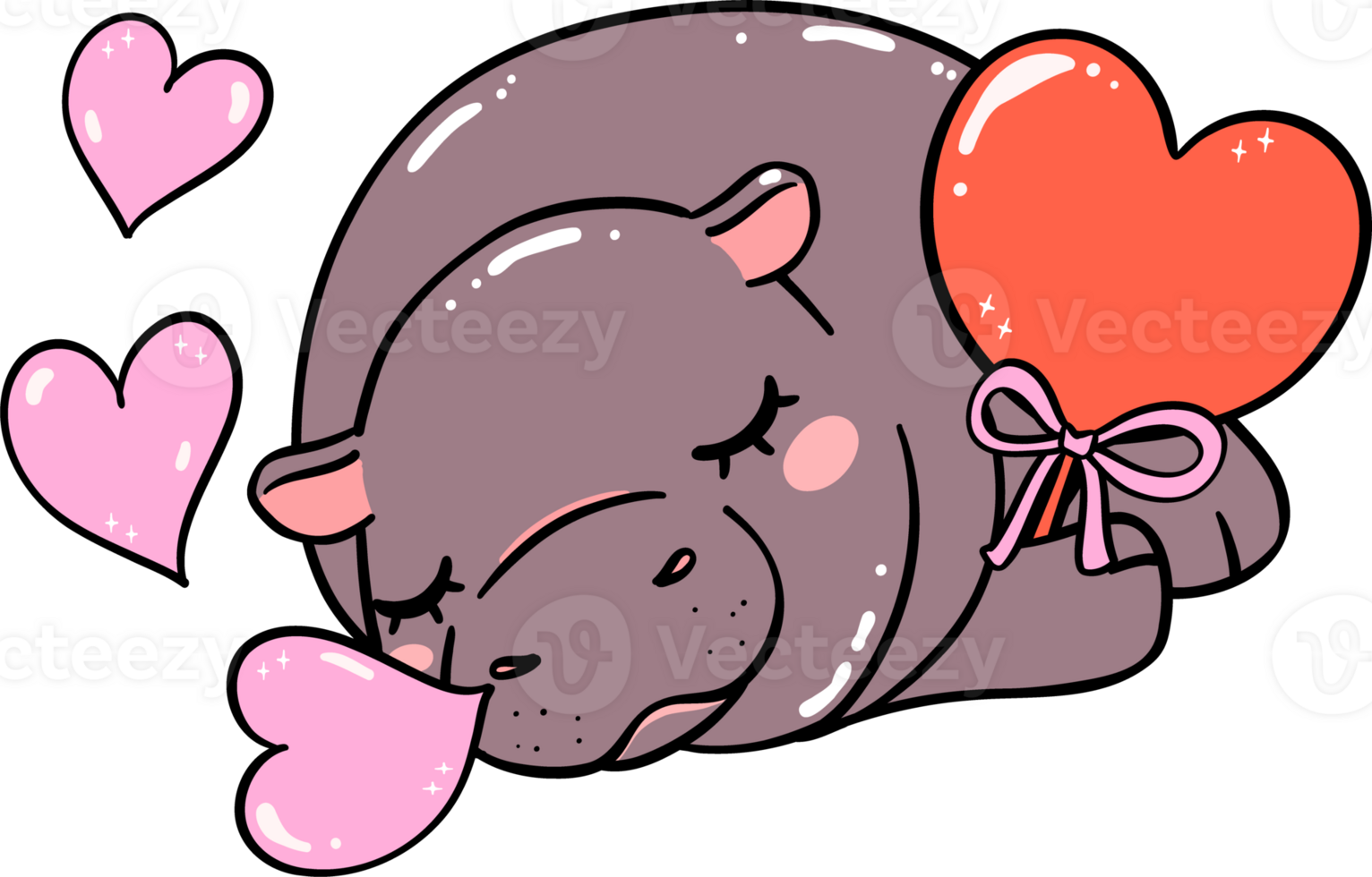 Cute Valentine Pygmy Hippo Sleeping with Heart Candy png