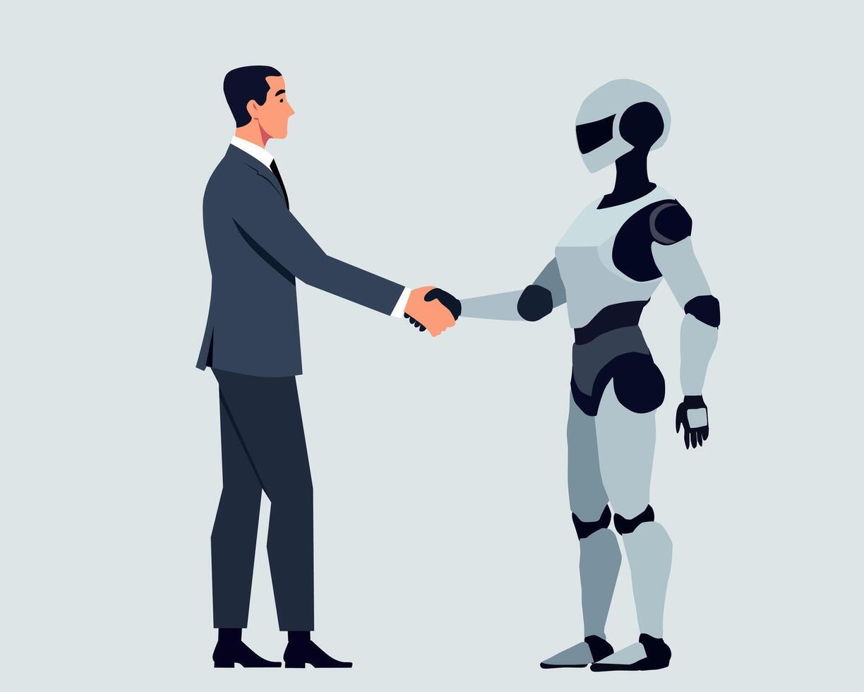 Illustration of a business handshake between a human and a robot, symbolizing collaboration, artificial intelligence, and futuristic partnerships. Ideal for tech and innovation themes vector