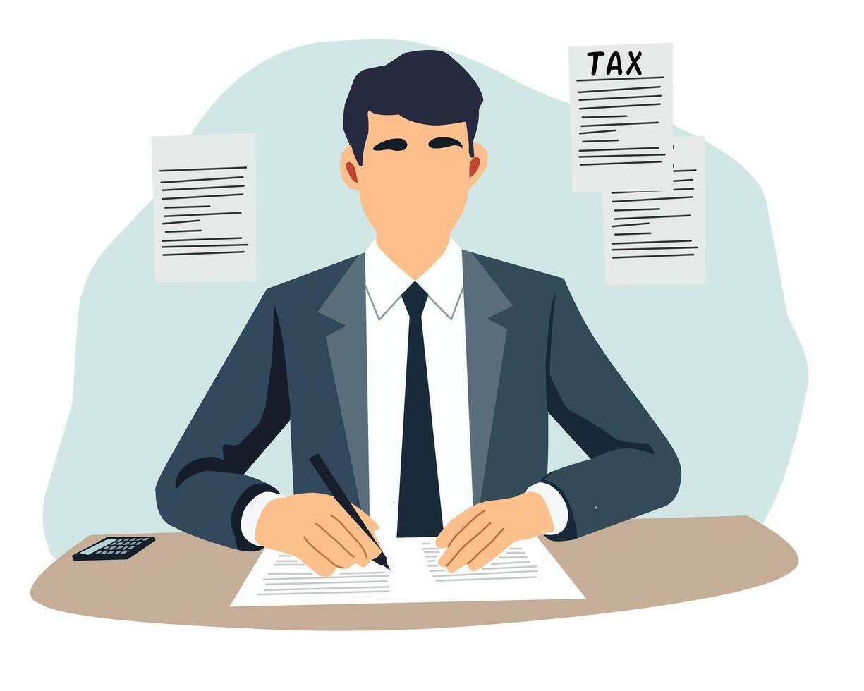 Flat illustration of a professional businessman sitting at a desk, signing documents. Tax forms and a calculator on the desk represent financial management and accounting work vector
