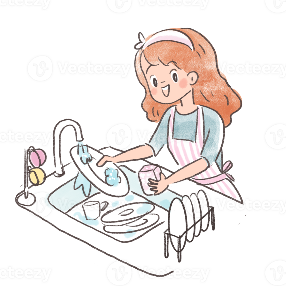 Girl washing dishes in kitchen png