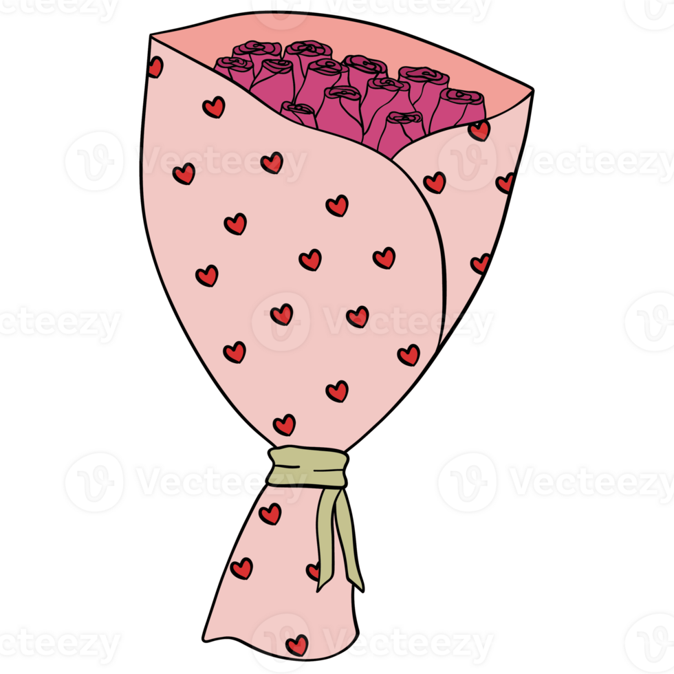 Valentine pink rose bouquet with pastel green ribbon clipart romantic and cute rose illustration for cards, gifts, and digital art png