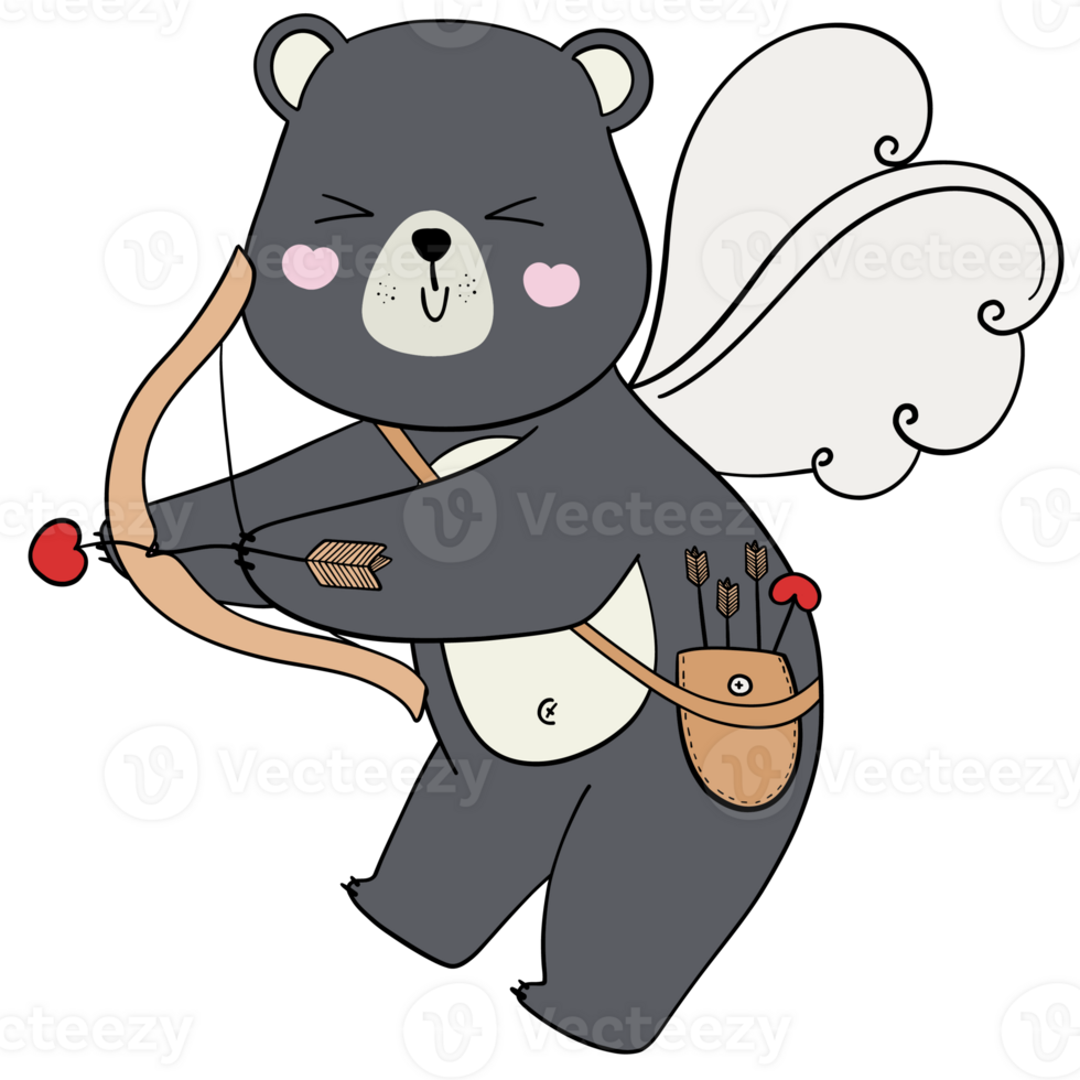 Valentine cute bear with wings cartoon holding a cupid arrow with a heart, ideal for romantic and love-themed artwork png