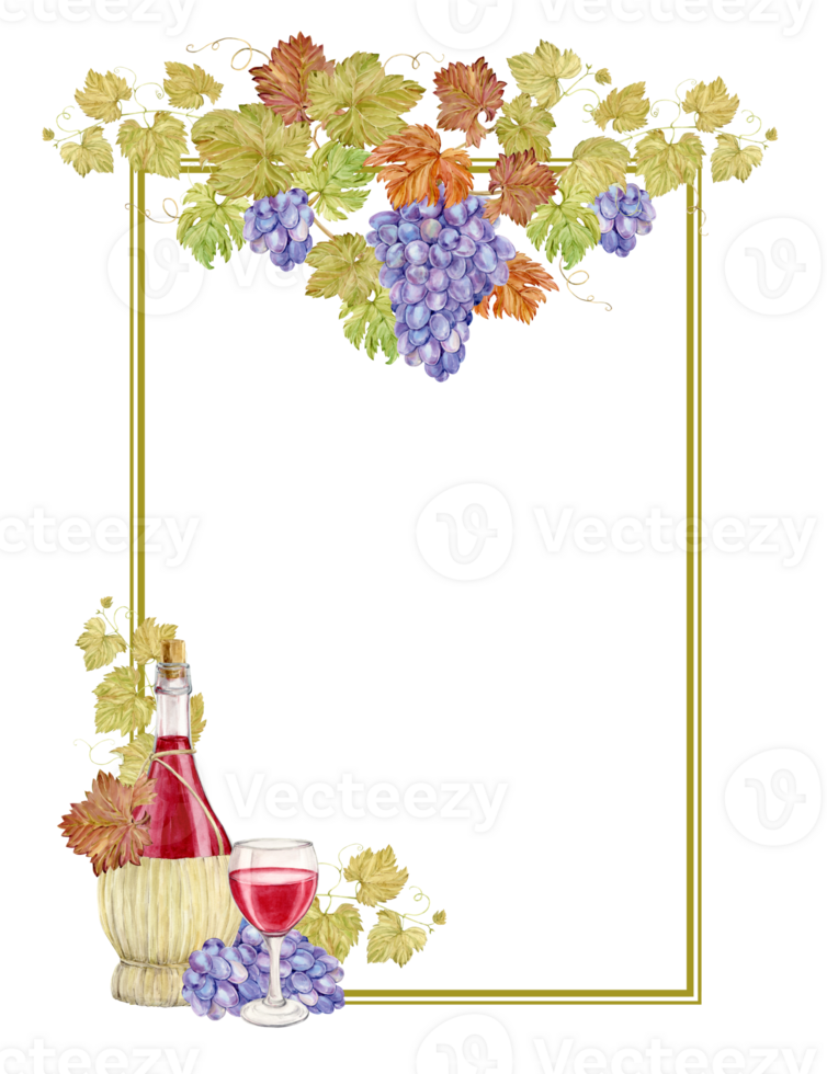 Watercolor vertical frame with grapes and a bottle of wine. Illustration of grapevine, purple berries, straw jug and glass with red wine. Frame for red wine, winery in retro style. png