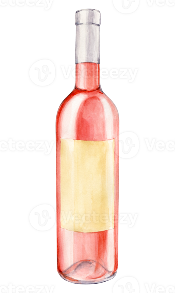 Watercolor rose wine bottle with old paper label. Hand drawn clipart of alcoholic drink for party and event. Illustration for tasting, menu, cafe, bar, posters and wine list design. png