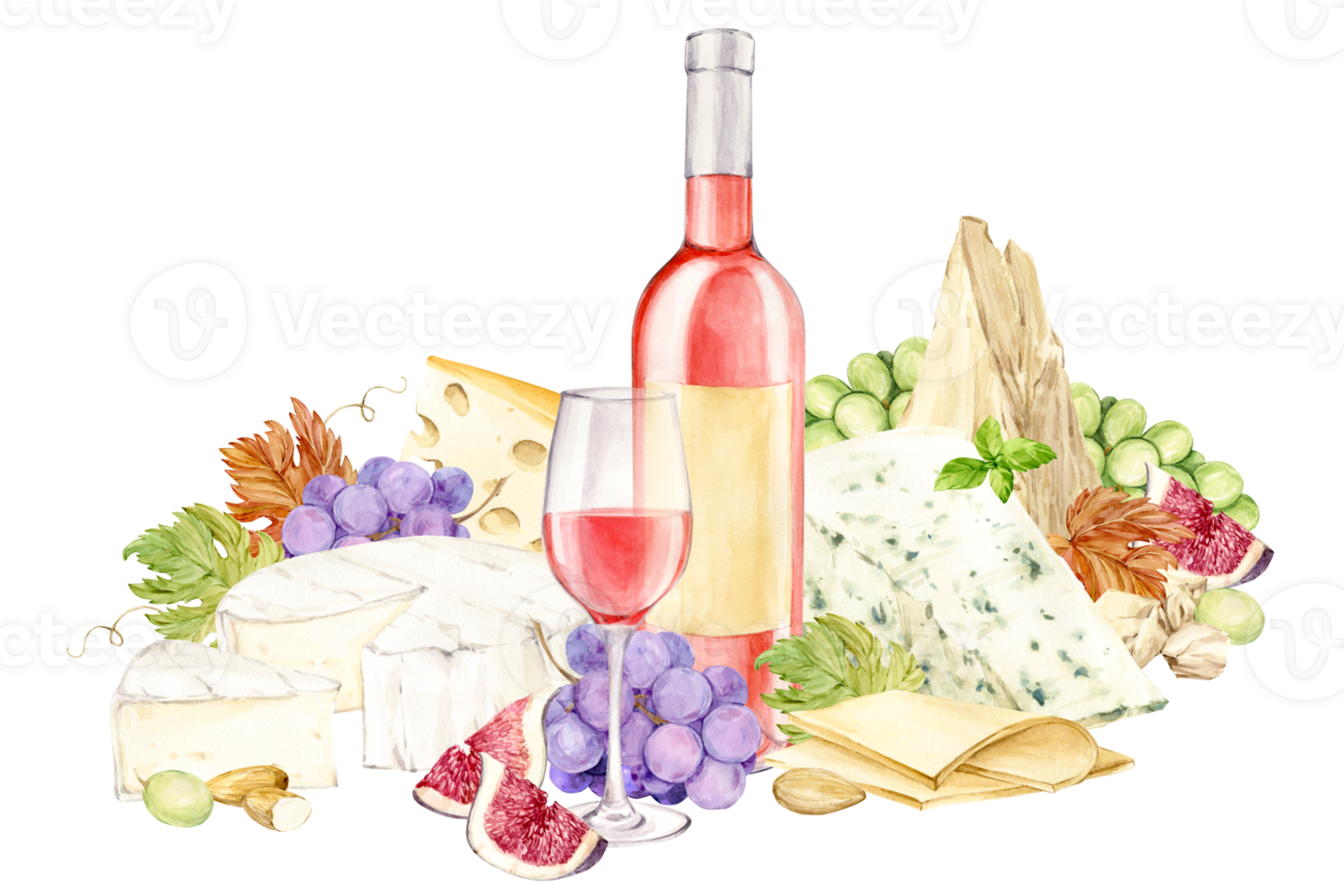 Rose wine and snack. Bottle of light wine, glass of red wine, blue grapes, brie and cheddar cheese and figs. Watercolor illustration in retro style. Composition for menu or wine list design. png