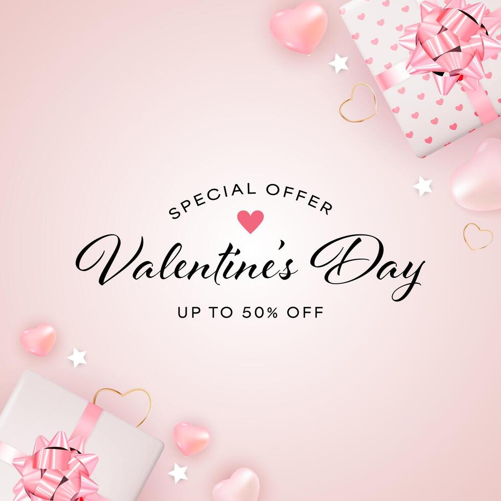 Special offer for Valentine's Day with gift boxes and decorations showcasing discounts up to 50 percent off vector