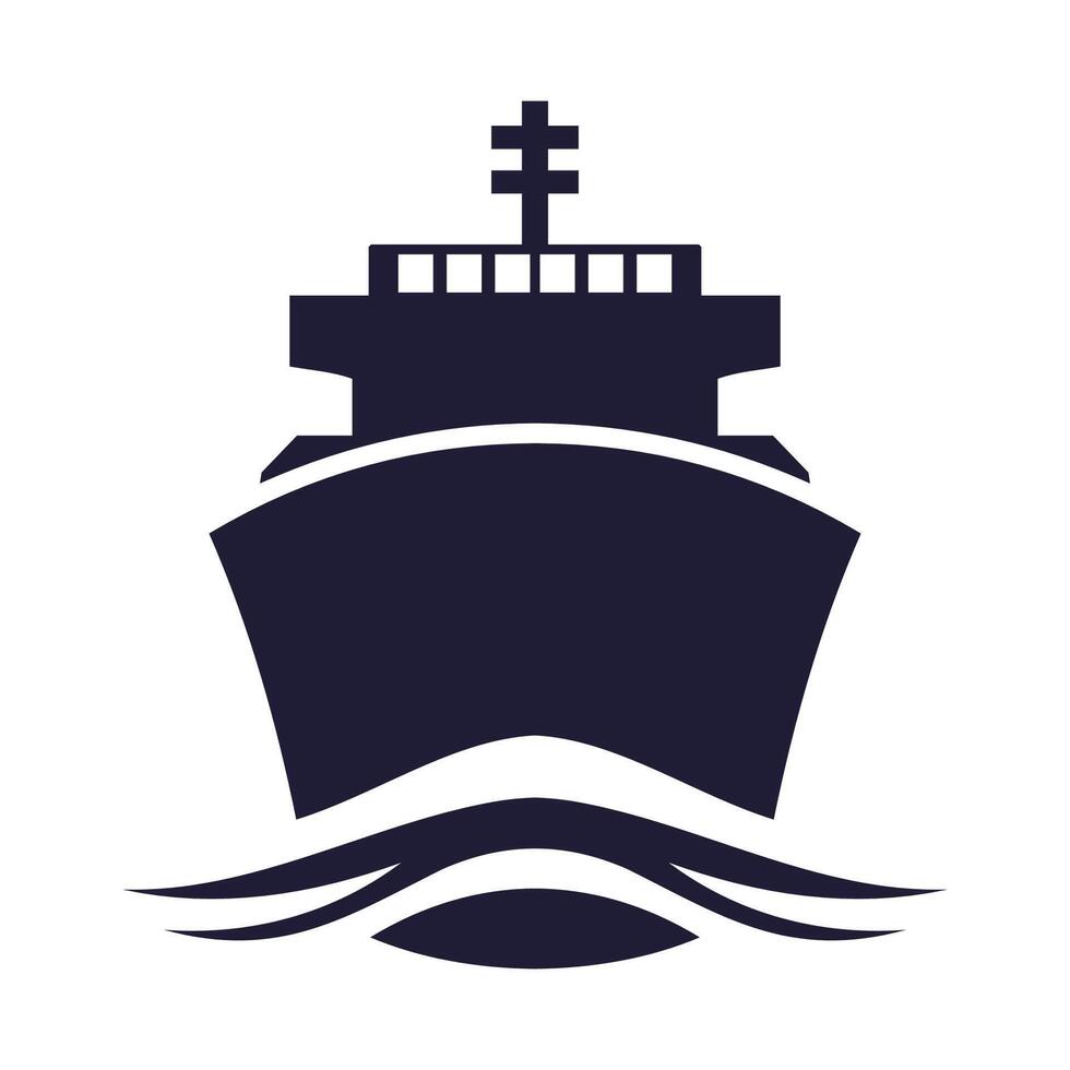 Large cargo ship silhouette navigating through ocean waves at sunset with minimalistic design vector