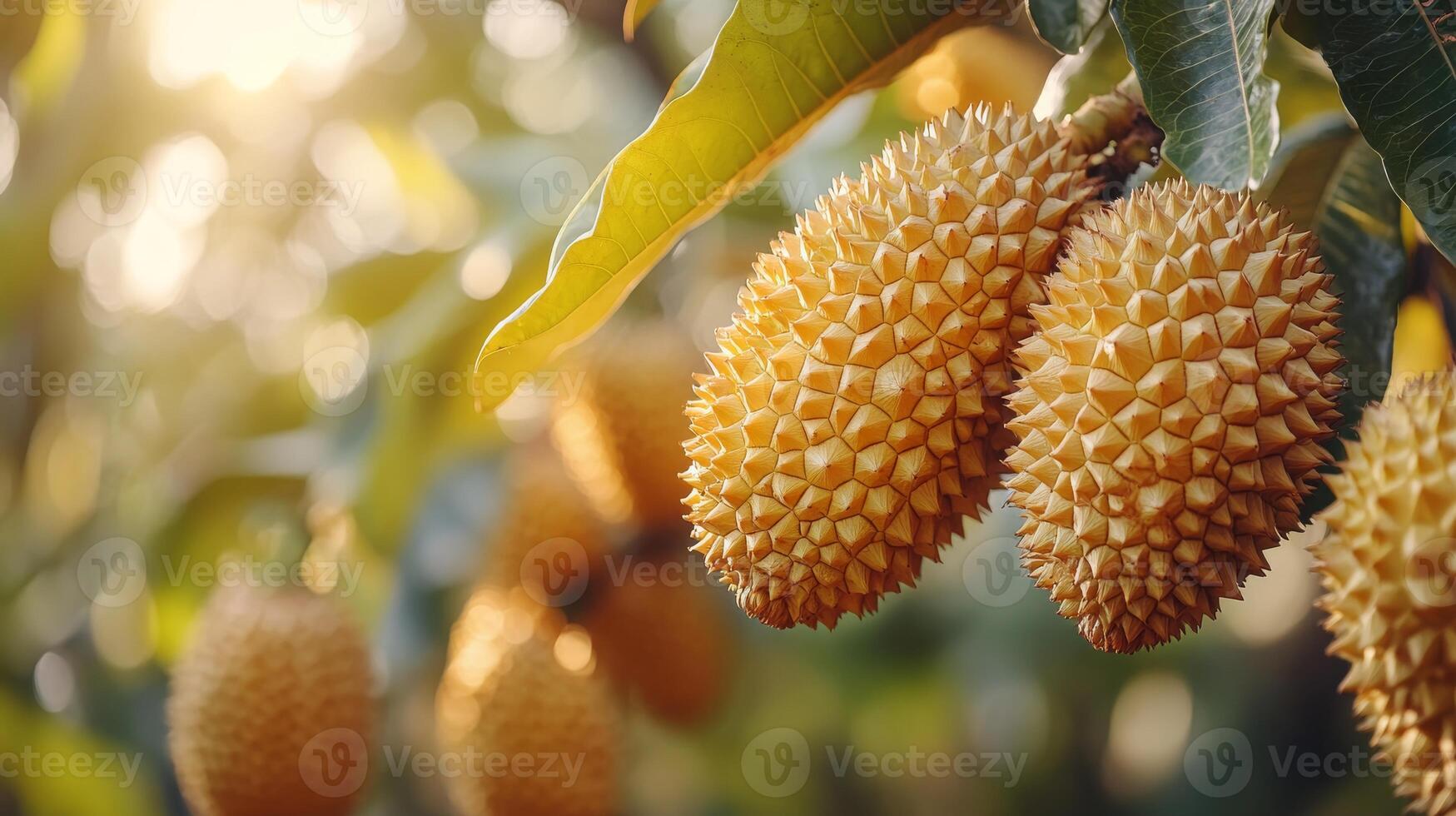 Ripe durian fruits hang from their trees in a tropical garden, illuminated by soft sunlight during late afternoon. photo