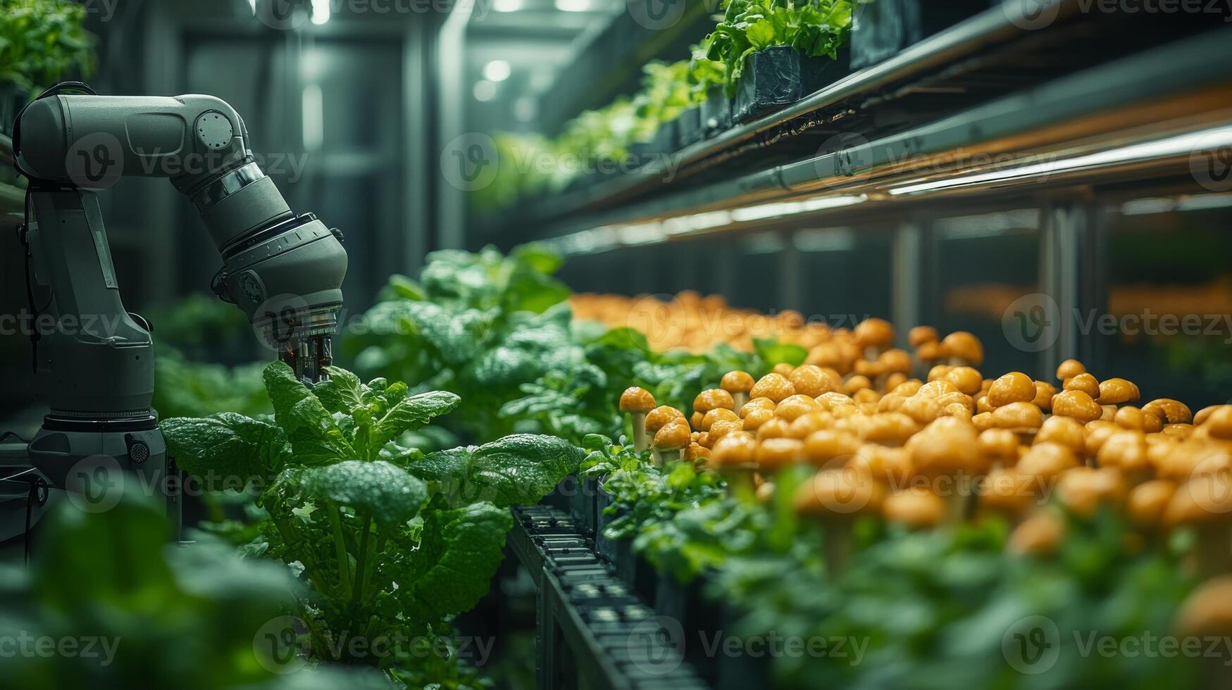 In a cutting-edge vertical farm, robotic arms tend to vibrant plants and mushrooms, showcasing innovation in agriculture and sustainable farming practices. photo