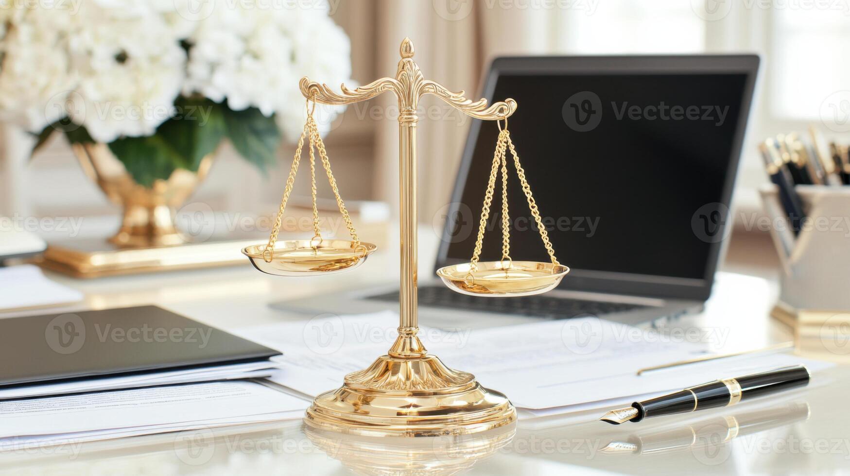 Golden scales of justice placed on a lawyers desk with legal documents, a laptop, and a fountain pen in a modern office environment photo