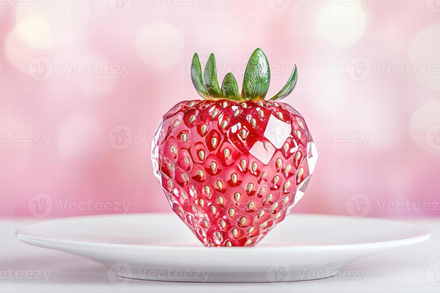 Crystal strawberry with intricate seed details resting on a smooth white plate under soft diffused light showcasing its delicate pink hue photo