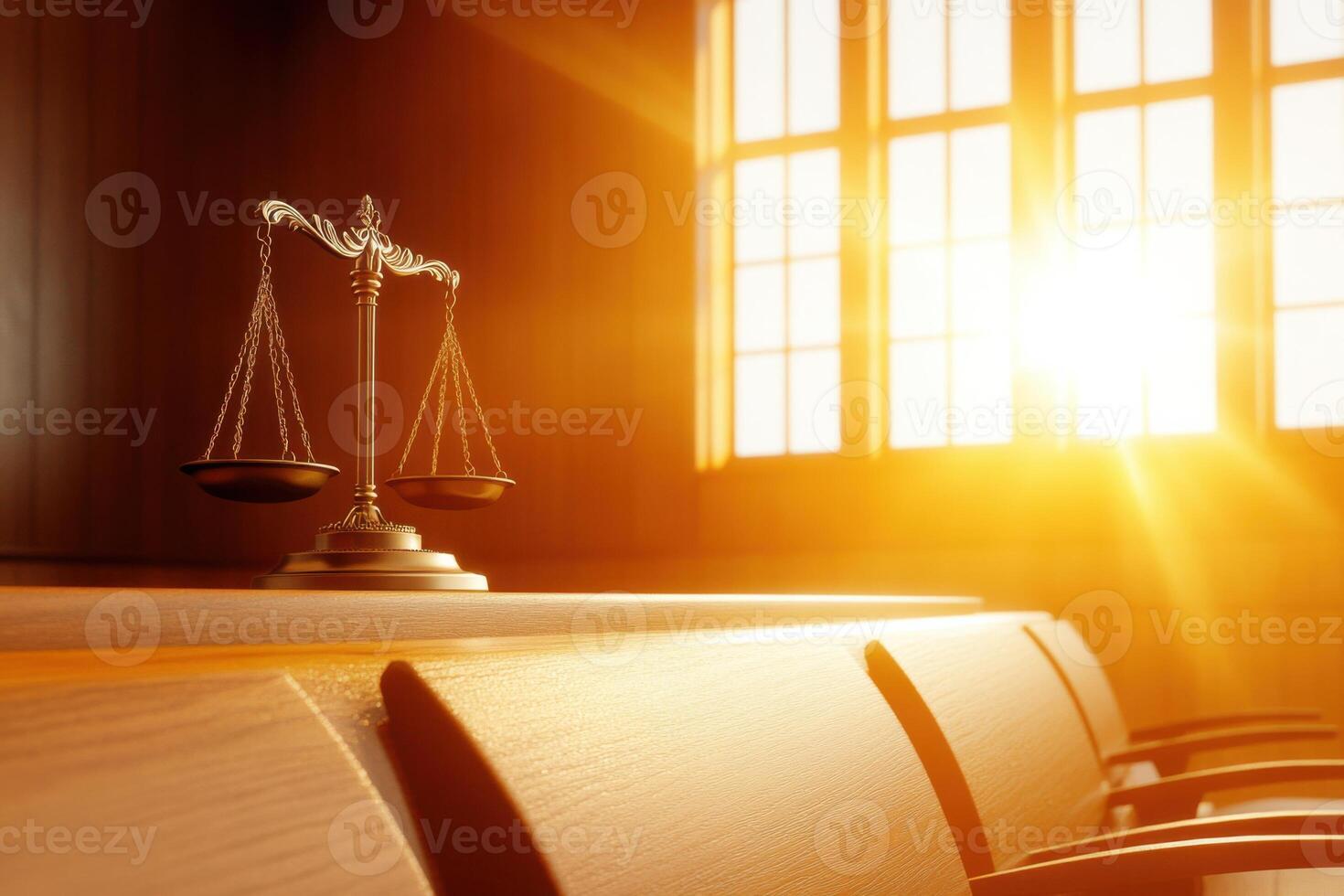 Illuminated judges bench featuring gavel and scales of justice symbolizing authority and fairness in a courtroom setting photo