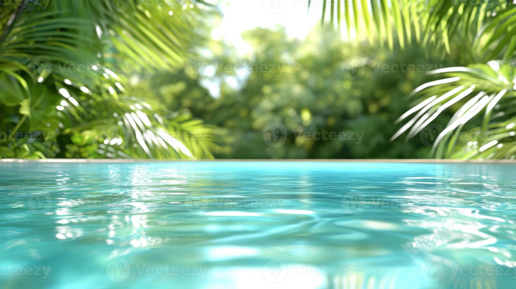 Luxurious outdoor pool surrounded by vibrant tropical plants reflecting sunlight in a serene and tranquil setting photo