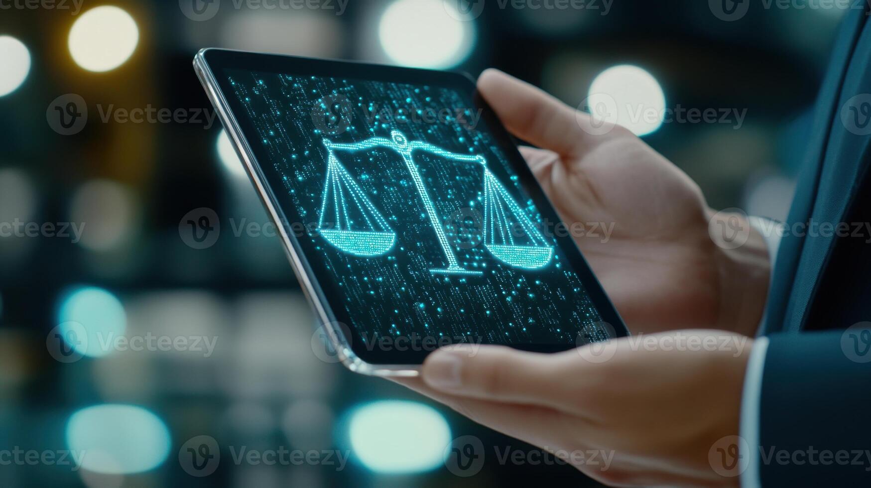 Digital scales of justice displayed on a modern tablet device with a blurred background, representing the intersection of law and technology in contemporary society photo