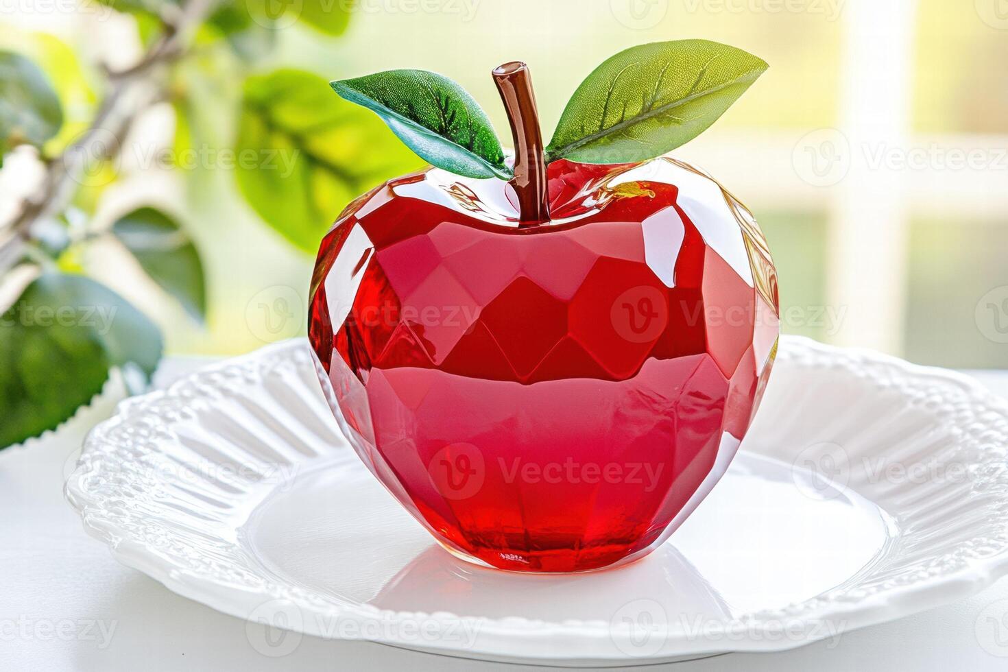 Elegant crystal apple sits on a delicate white porcelain plate reflecting soft sunlight in a serene indoor setting photo